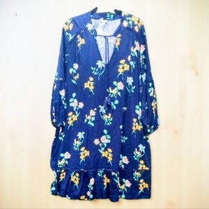 Crown & Ivy NAVY floral  Bohemian  FLARE DRESS Crocheted ACCENTS RUFFLED HEM 3X